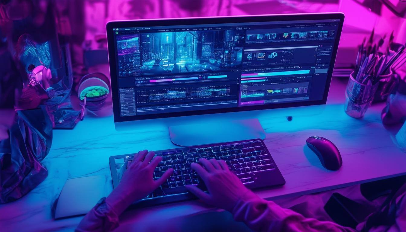 A futuristic AIpowered video editing dashboard displayed on a highresolution computer screen, with a person interacting with the interface