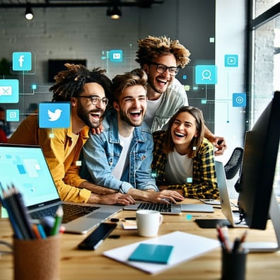 A modern office setting with a diverse group of young digital content creators gathered around a PC laughing and collaborating while using an AIpowered video editing platform Include social media icons preview frames and an upbeat creative atmosphere