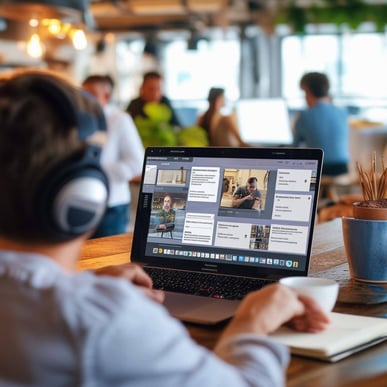 A professional content creator team sitting at a modern desk, using an AIpowered video editing tool on a sleek laptop-1