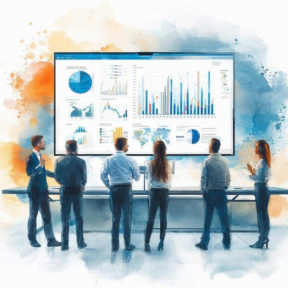 Metrics being studied on a large screen in a conference room-1