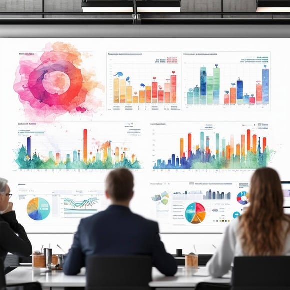 Metrics being studied on a large screen in a conference room